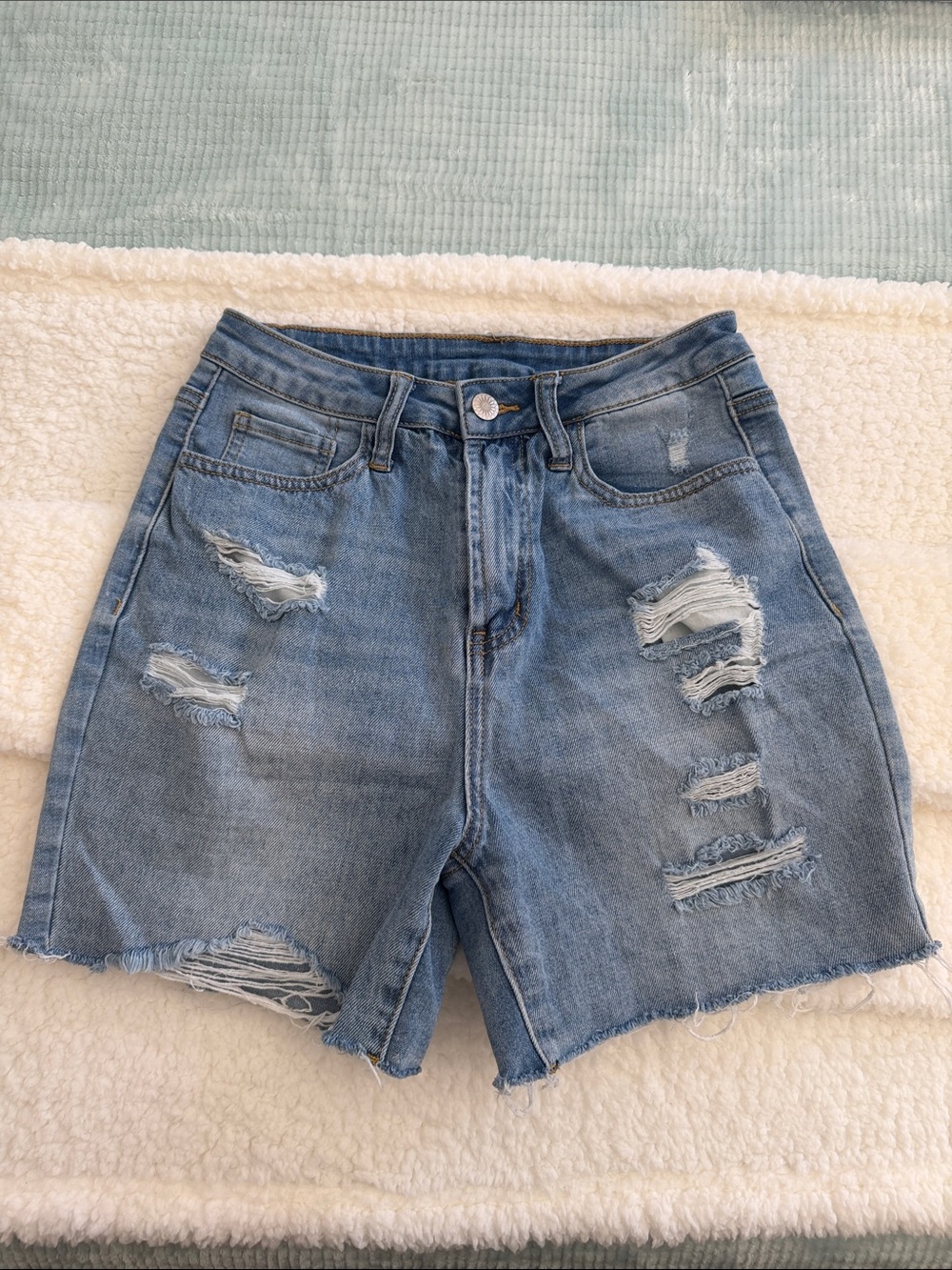 Distressed High-Rise Denim Shorts - Light Blue